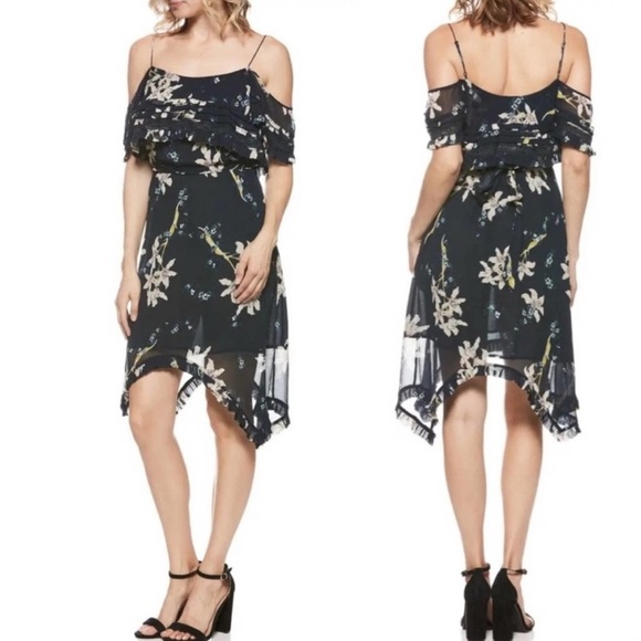 PAIGE Dresses & Skirts - Paige Sahar Cold Shoulder Flutter Silk Navy Blue Floral Lined Dress Size Small